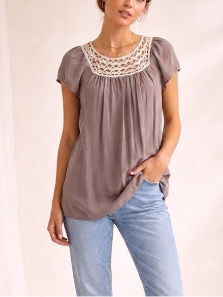 Euc Petticoat Alley Taupe Brown Silk Tunic Top Crochet Yoke Boho Chic Size Small